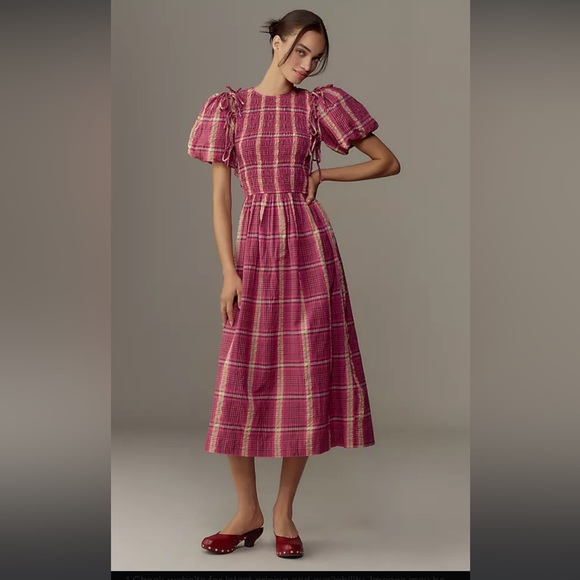 Damson Madder Dresses & Skirts - NWT Damson Madder Becca Plaid Puff-Sleeve Midi Dress
